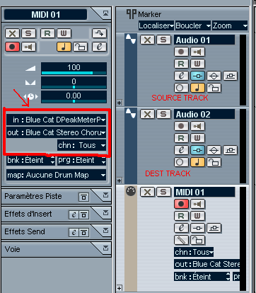 Step 08 - Setup the MIDI track input to Peak Meter, output to the Stereo Chorus VST and select 'all' channels Step 08 - Setup the MIDI track input to Peak Meter, output to the Stereo Chorus VST and select 'all' channels